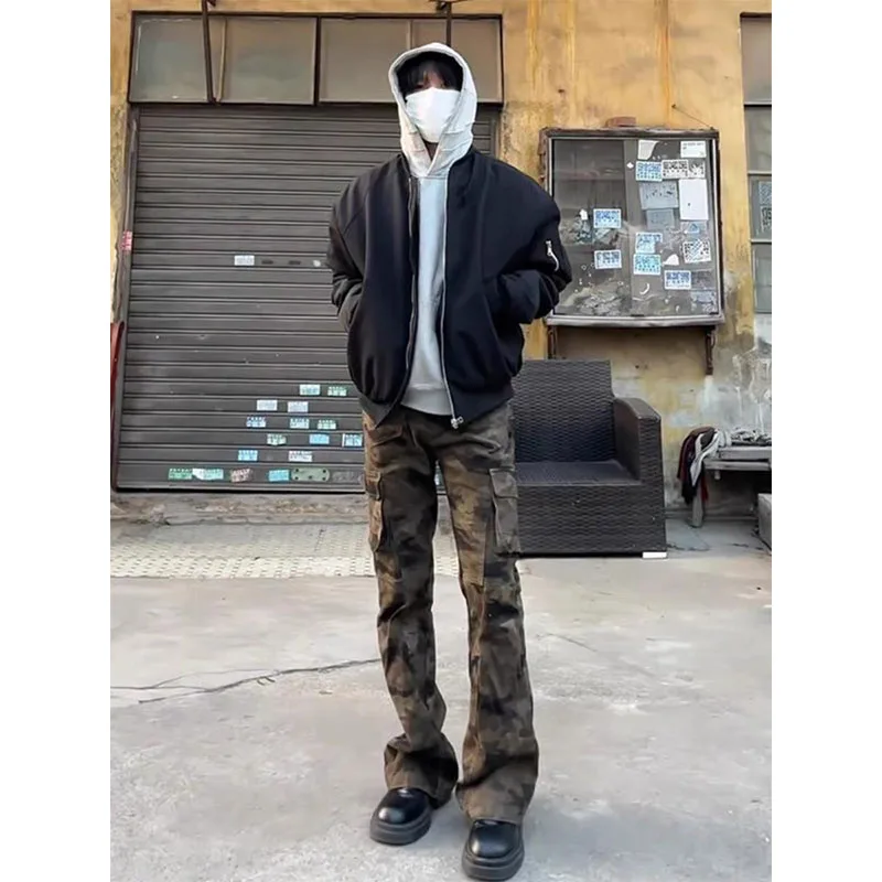 

American Retro Camouflage Cargo Pants Men's Spring Autumn High Waist Multiple Pockets Tall Straight Leg Jeans Trendy Streetwear