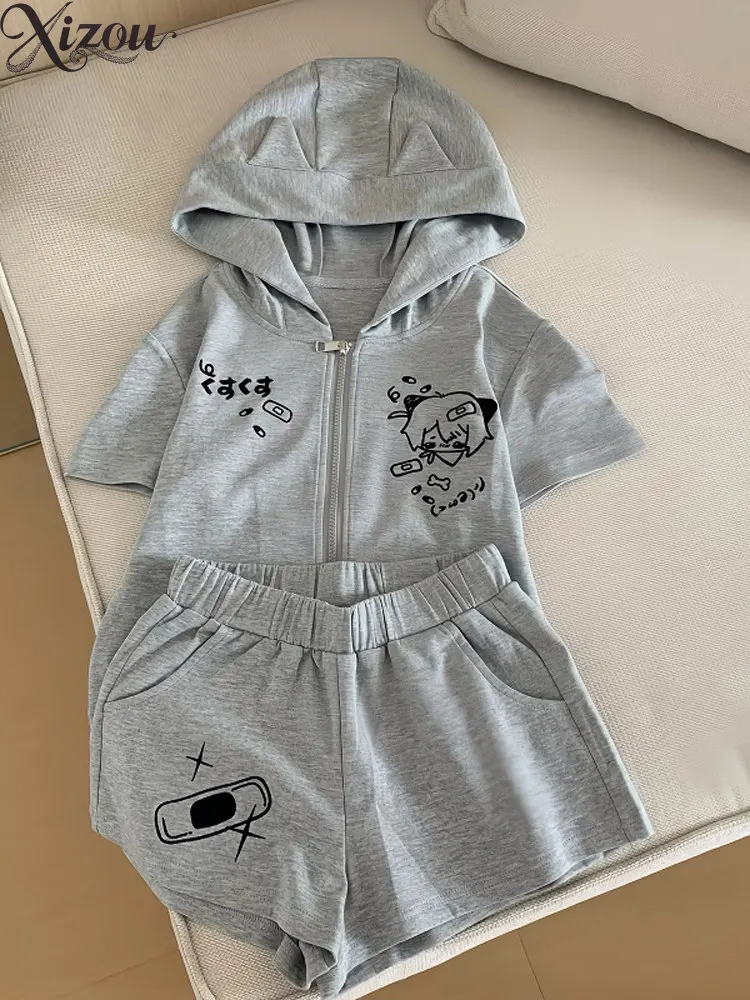 

Sweet Casual Outfits Summer Kawaii Girls 2 Piece Sets Embroidery Hooded Short-sleeved Top with Shorts Suit Japanese Style