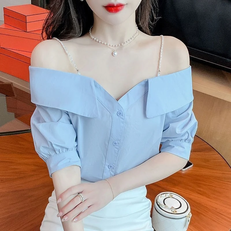 

Новая женская укороченная летняя блузка 2026 года с эксклюзивным дизайном, на одно плечо, с жемчугом, элегантная