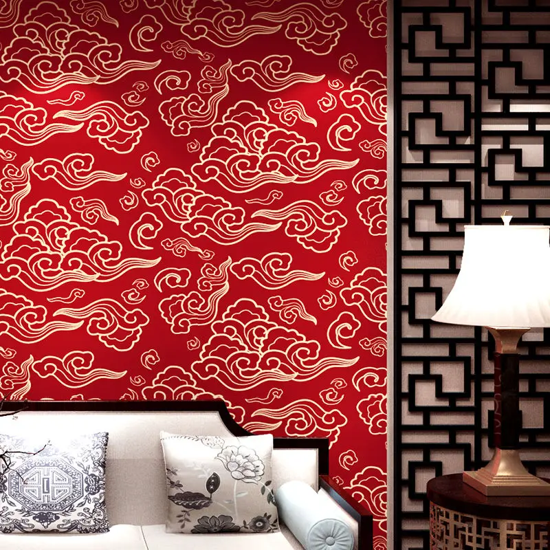 New Chinese Style Wallpaper Red Classical Dining Room Auspicious Cloud TV Background Wall Paper Roll Culture Hall