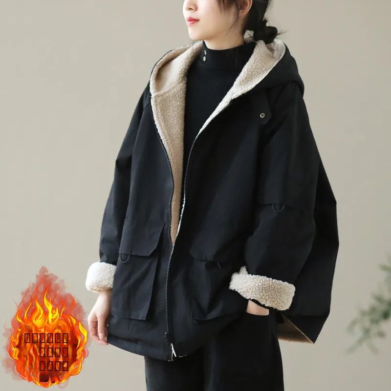 

Lamb Velvet Hooded Jaet Women Winter plus Size Loose Casual Thiened Warm Cotton Clothes Zipper Workwear Cotton Coat