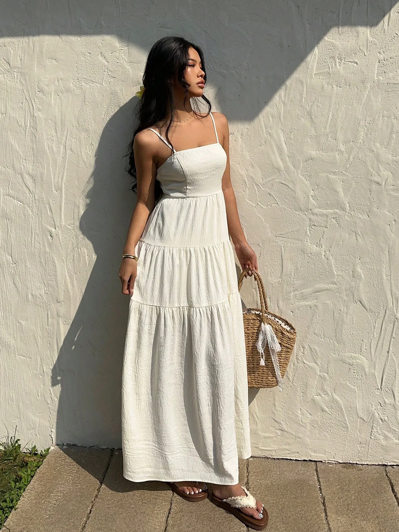 2025 verão cor sólida com tiras sem costas vestido feminino em camadas plissado vestido de verão sexy casual férias maxi vestido de festa de praia