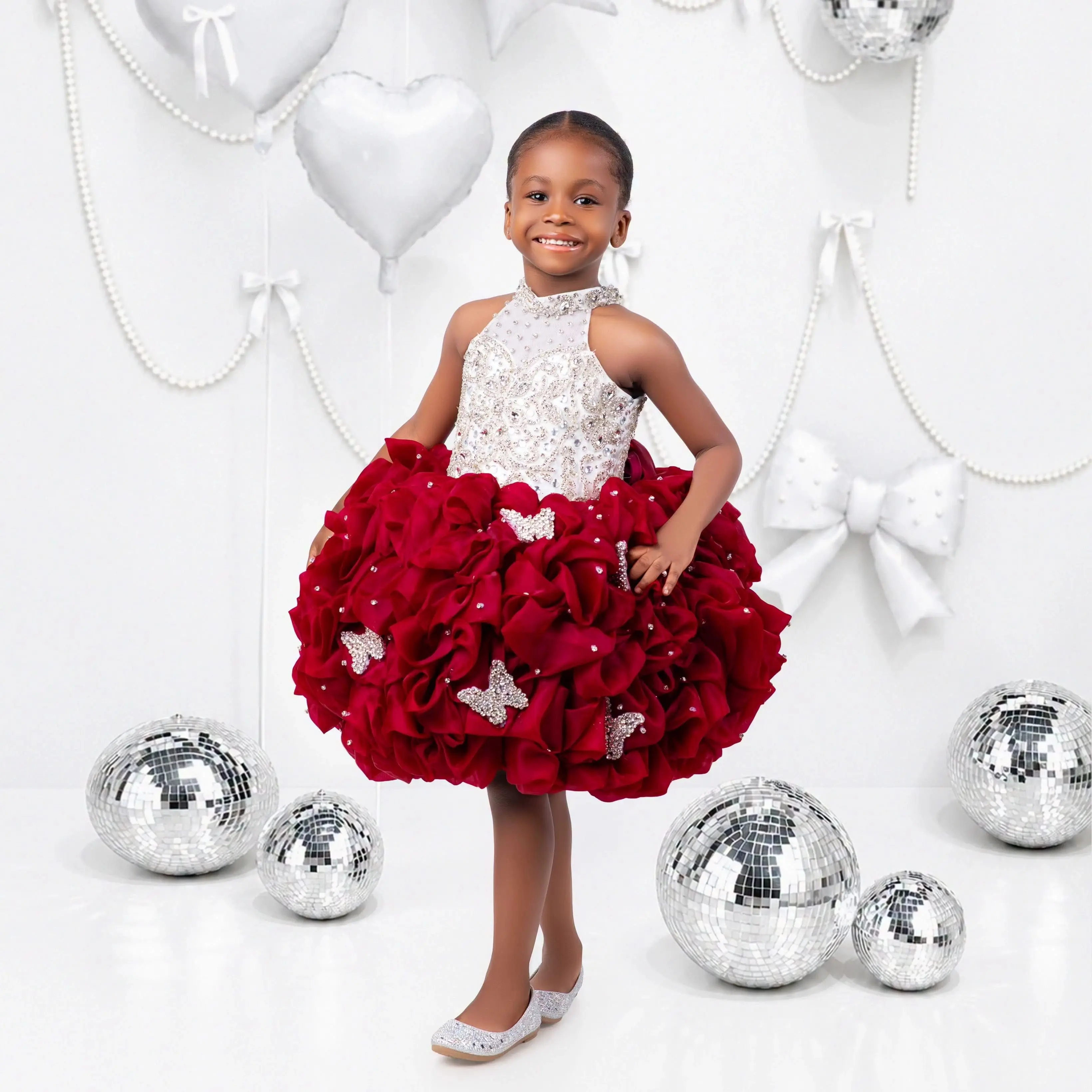 Burgundy Crystal Girls Birthday Party Dresses Princess High Neck Flower Girl Dresses Baby Kids Knee Length Gowns for Photo Shoot