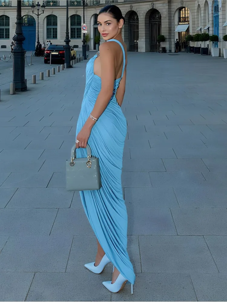 Women Sexy Beach Dresses 2025 Swimwear Boho Bikini Cover Up Kimono Sleeveless Robe One Shoulder Dress Blue Long Maxi Dress