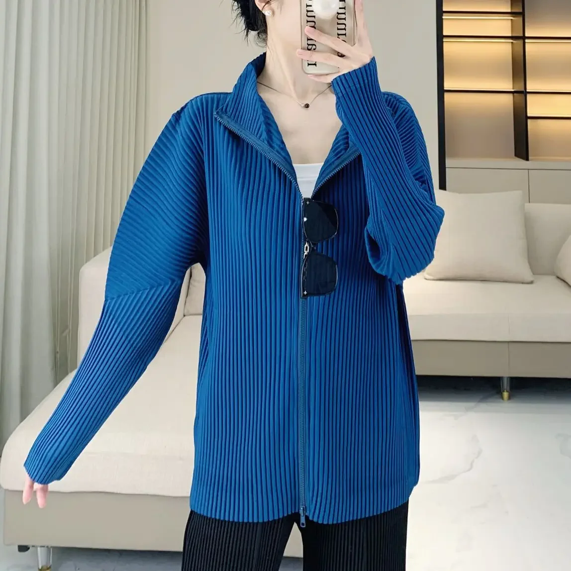 Pleats Pleated Jacket Fashion Commuter Tops High Neck Loose Casual Sports Zipper Jacket Casual Versatile Tops Women Clothing