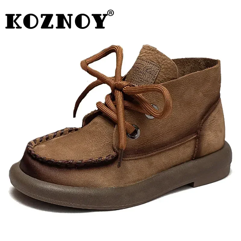 Koznoy Lofers dla kobiet 3cm Retro oryginalne skórzane botki brytyjskie jesienne zimowe pluszowe mokasyny gumowe podeszwy mieszkania buty