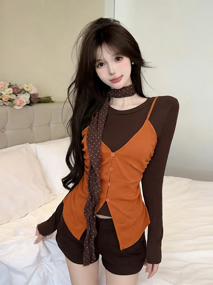 Slim Fit Color Block Long Sleeve T-Shirt round Neck Design Sensation Fake Two-Piece Style Fashion Retro with Scarf for Women