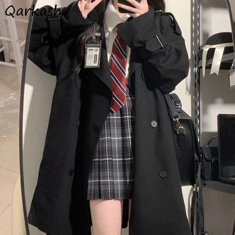 

Preppy Style Black Trench Women Loose Gentle Temperament Sweet Outerwear Harajuku Vintage Ulzzang Autumn Coats Fashionable Daily