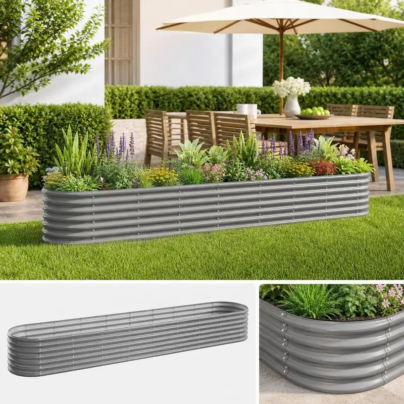 Lit de culture surélevé en acier 332x40x36 cm gris pour culture de légumes, balcon, jardin, robuste, durable, réduit la charge sur le sol, design moderne, gain de place