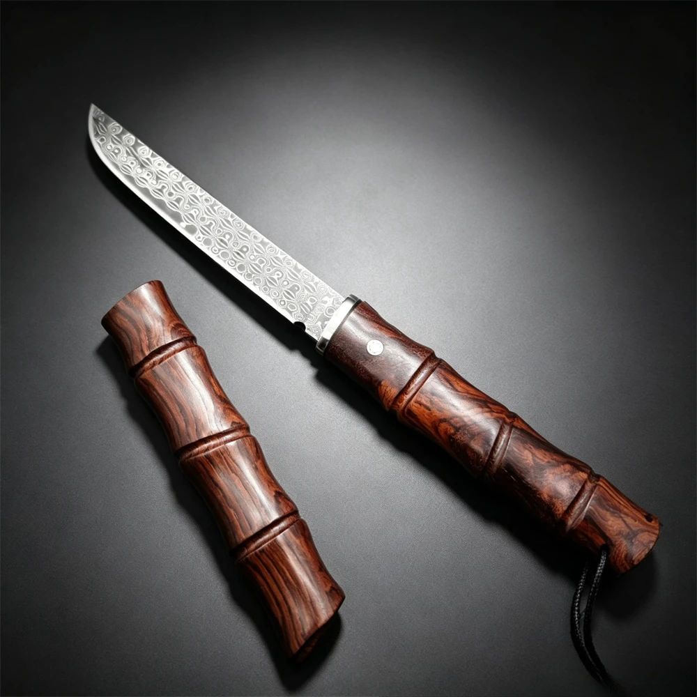 Bamboo Style Damascus Blade Red Sandalwood Handles Fixed Blade Pocket Knives Outdoor Survival Camping EDC Tools with Gift Box