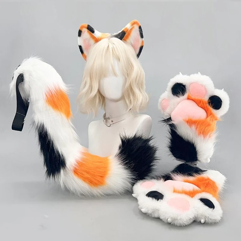 

Women Cats Costume Accessory Set Plush Earwear Tail Mitt Gloves for Halloween Cosplay and Theme Photo Props