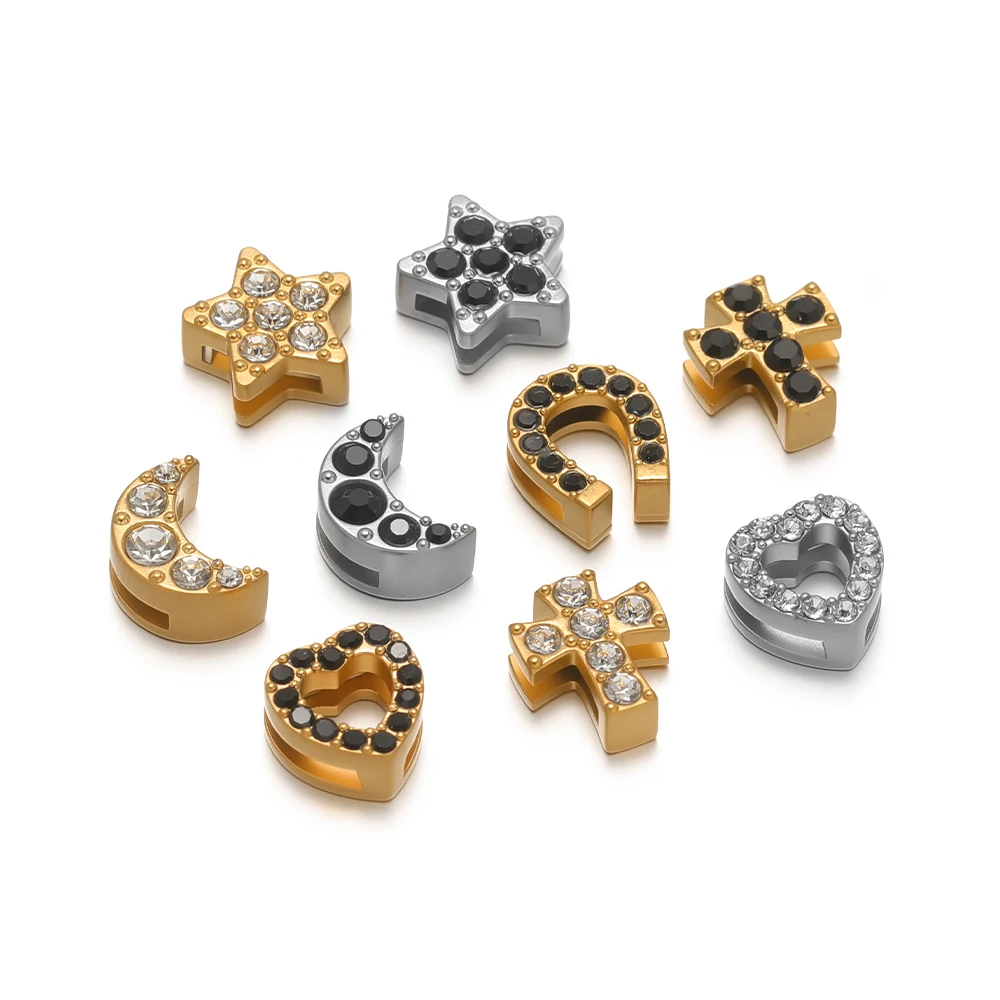 5Pcs 18K Gold Stainless Steel Heart Cross Star Beads Zircon Hole Bead Charm for DIY Necklace Bracelet Jewelry Making Accessories