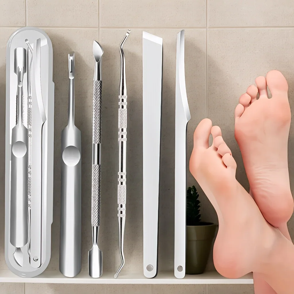 5pcs สแตนเลสสตีลมัลติฟังก์ชั่เท้าเครื่องมือความงามสําหรับถอดเล็บเท้า,แคลลัส,Dead Skin ส้อม Dead Skin, SHARP pedicures