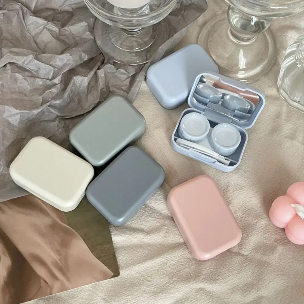 Macaron Color Contact Lens Case Kit Mini Square with Tweezers and Suction Stick Eye Care Storage Box Solid Color with Mirror