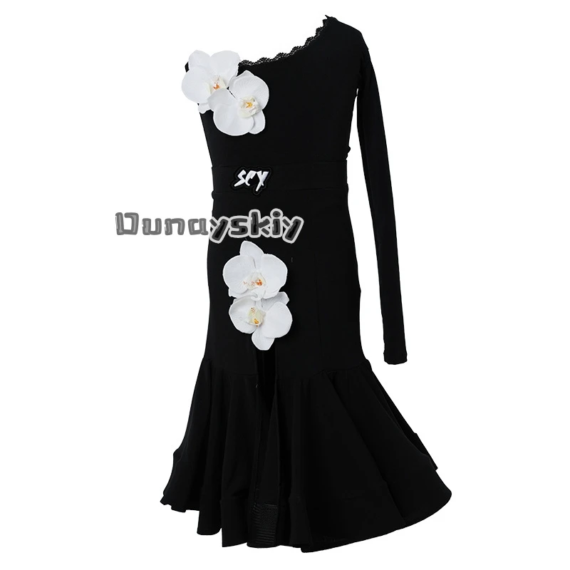 Strap Latin Dancewear Latin Dance Flower Practice Set One Shoulder Advanced Sense Practice Table Performance Clothing Black