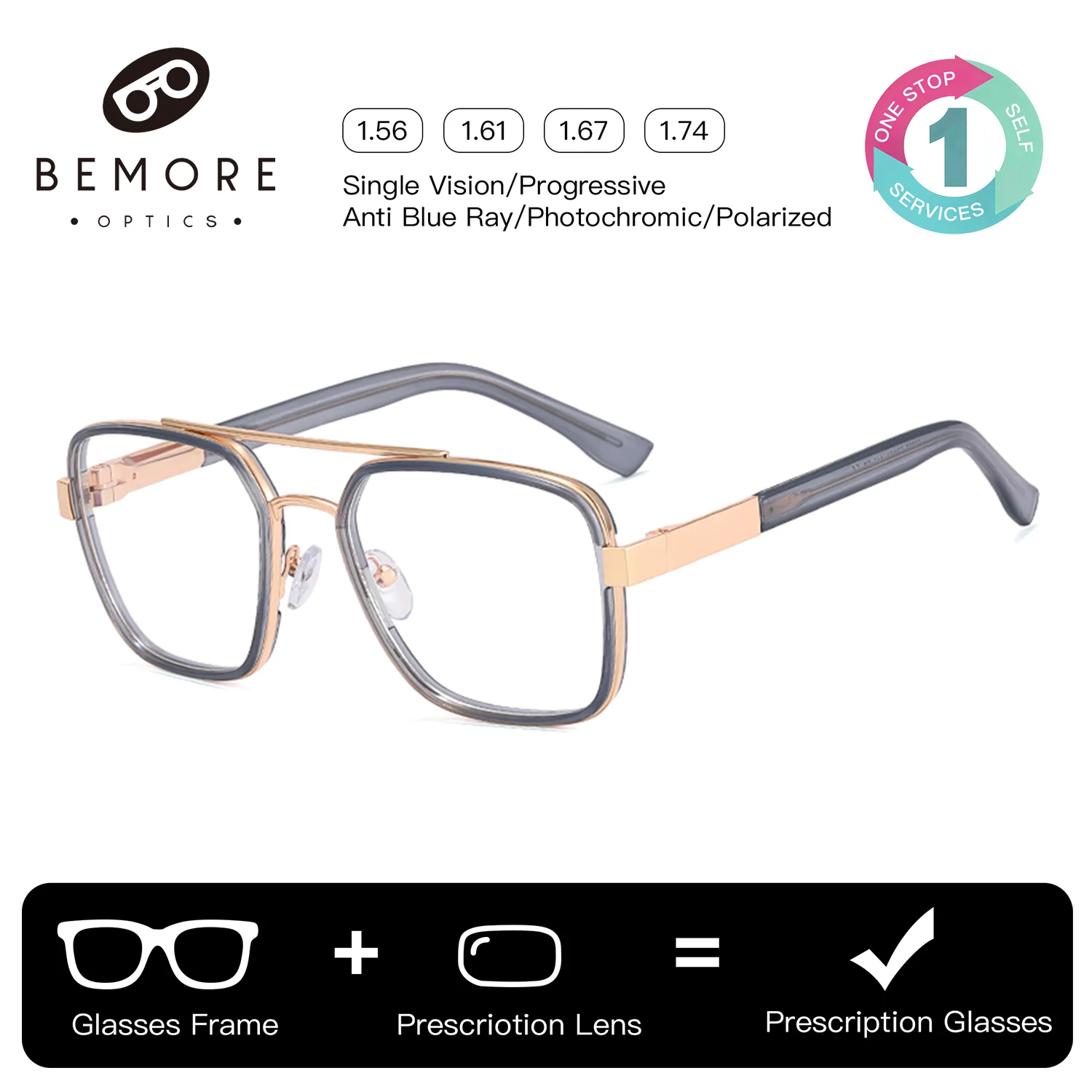 

BEMORE Custom Pilot High-Quality Metal Men's Prescription Glasses Anti-Blue Ray Photochromic Grey Optical Eyewear Driving