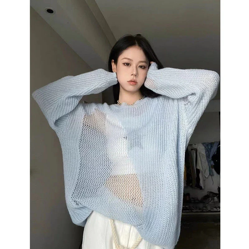 

Summer Hollow Out Women Long Sleeve O Neck Thin Ksweater All-match Ripped Hole Fashion Casual Punk Oversized Pullovers Tops Blue