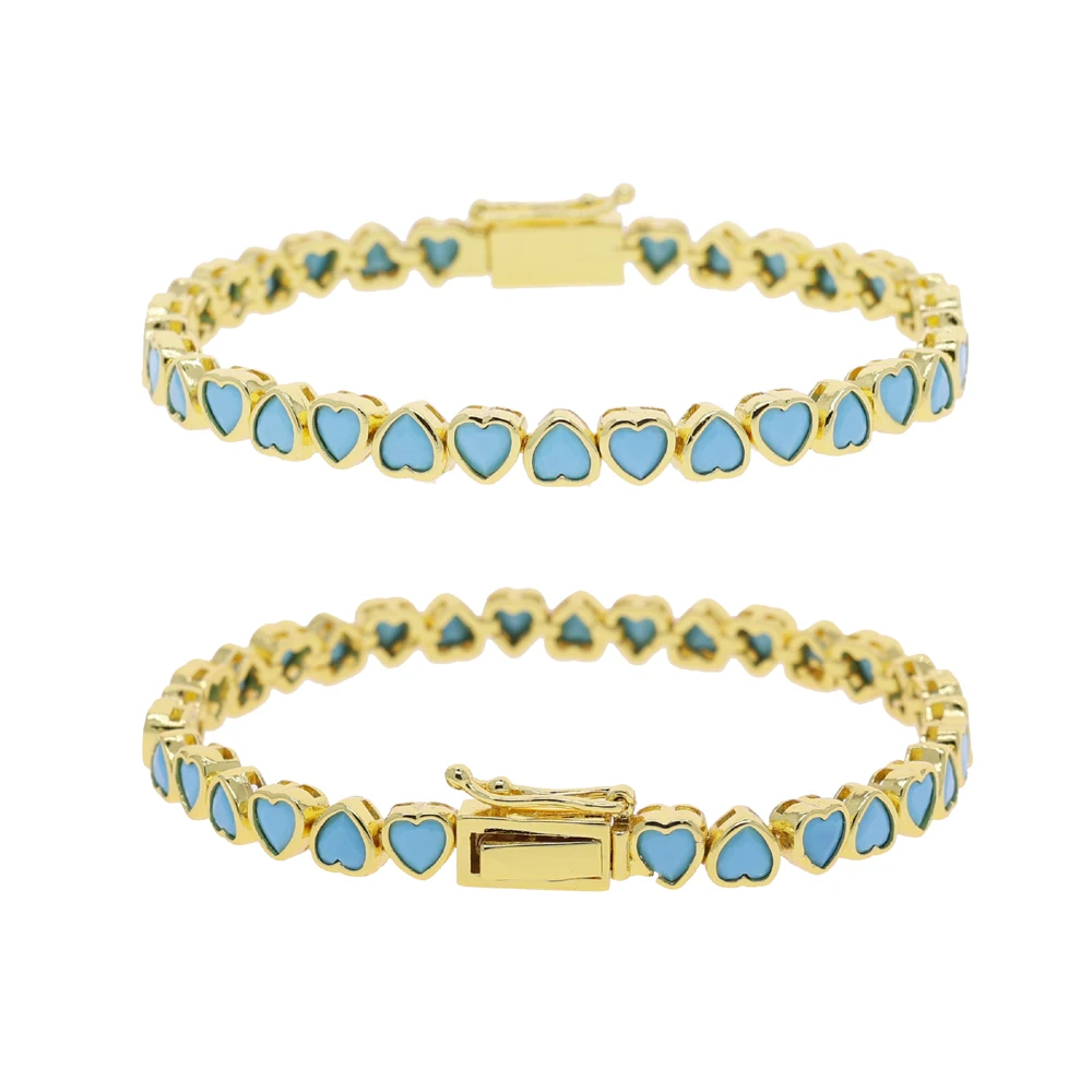 Heart Shaped Blue Turquoises Stone Paved Geometric Bezel Cubic Zirconia CZ Tennis Chain Bracelet Classic Fashion Women Jewelry