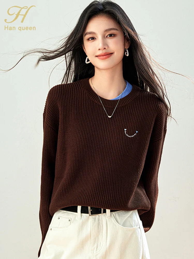 H Han Queen 2024 Autumn Winter Color Blocking Loose Korean Elastic Knit Pullovers Sweaters Chic Bottoming Casual Sweater Women