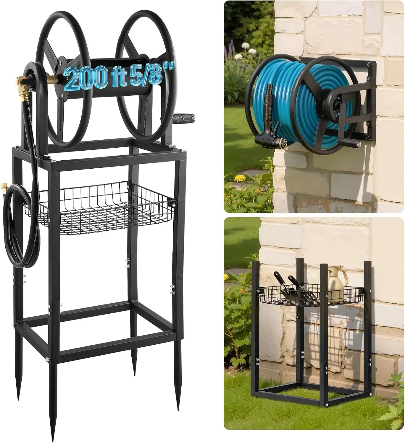 Freestanding Garden Hose Reel, Holds 200 Feet of 5/8-inch Hose, Wall Mount or Ground Mount, Detachable Holder Stand with Storage