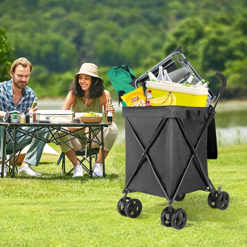 Folding Shopping Cart, Jumbo Grocery Utility Cart with Lager Baskets, 360° Swivel Wheels, 180 LBS Large Capacity Heavy Duty for