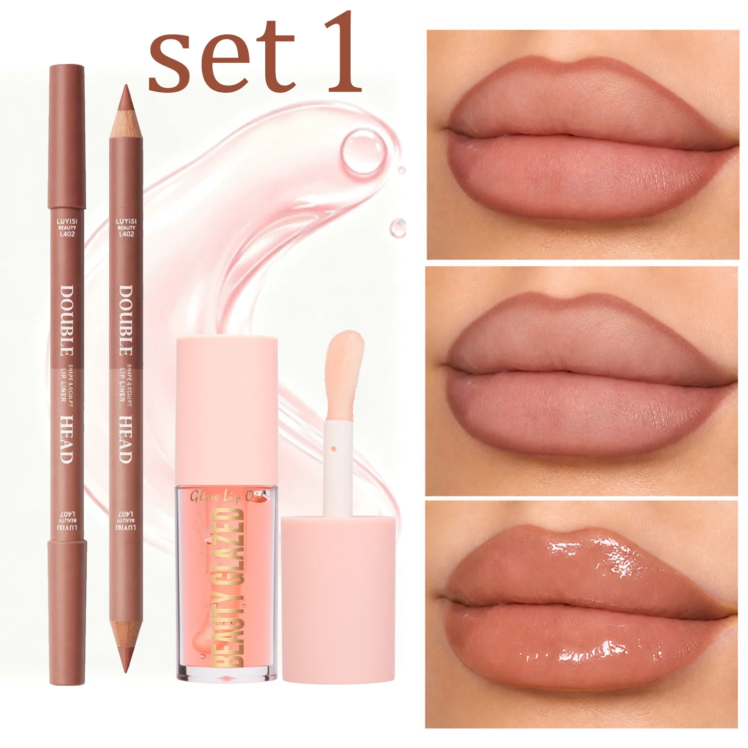 2pcs/Set:1pc Dual-Color Lip Liner Pencil&1pc Hydrating Lip Oil,Waterproof,Transfer-Resistant,All-Day Wear,Natural Satin Finish.