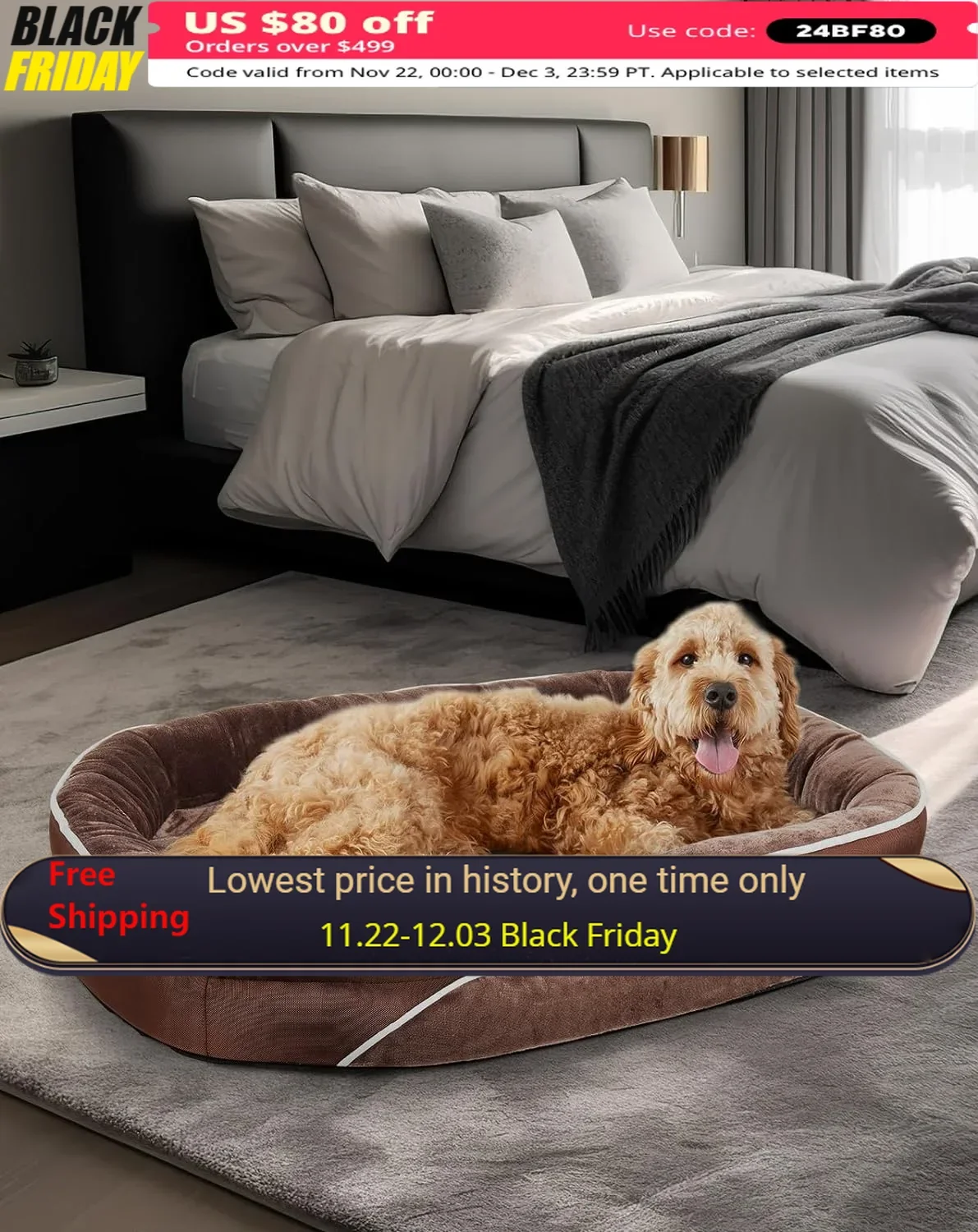 Dog Bed, Egg Foam Support, Removable, Machine Washable Plush Cover and Non-Slip Bottom with Four Sided Bolster, Large Dog Bed