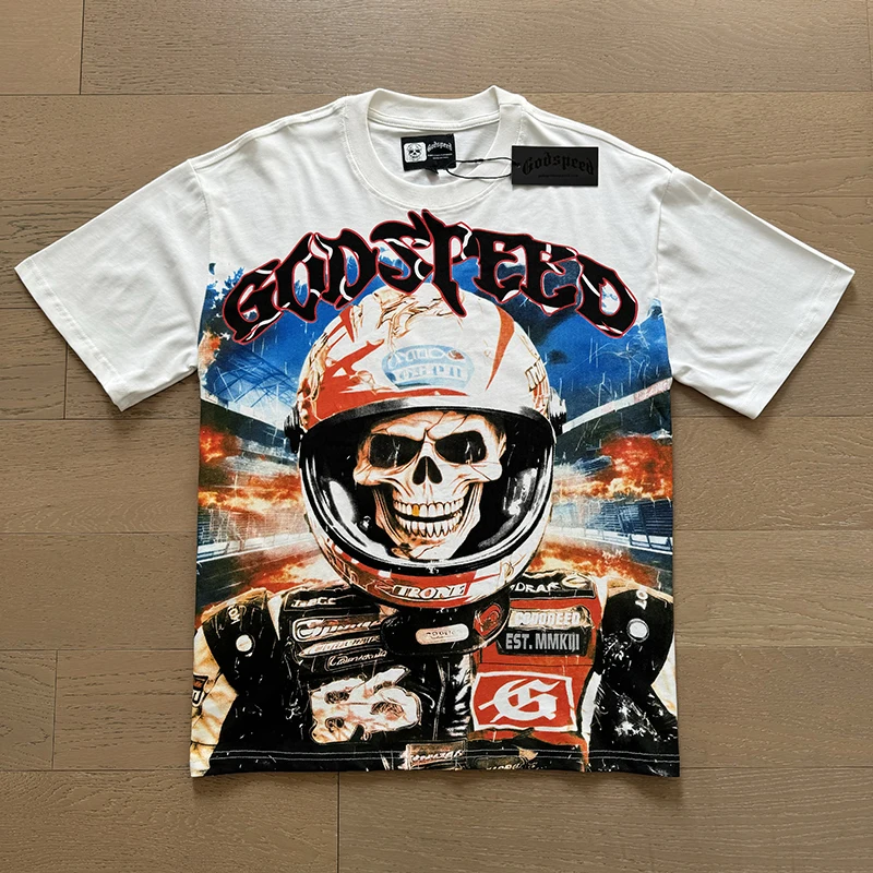 Real Shot Men and Women All-match GOD SPEED Short Sleeve Retro Hip Hop Style Pattern Alphabet Print Godspeed T-shirt Top