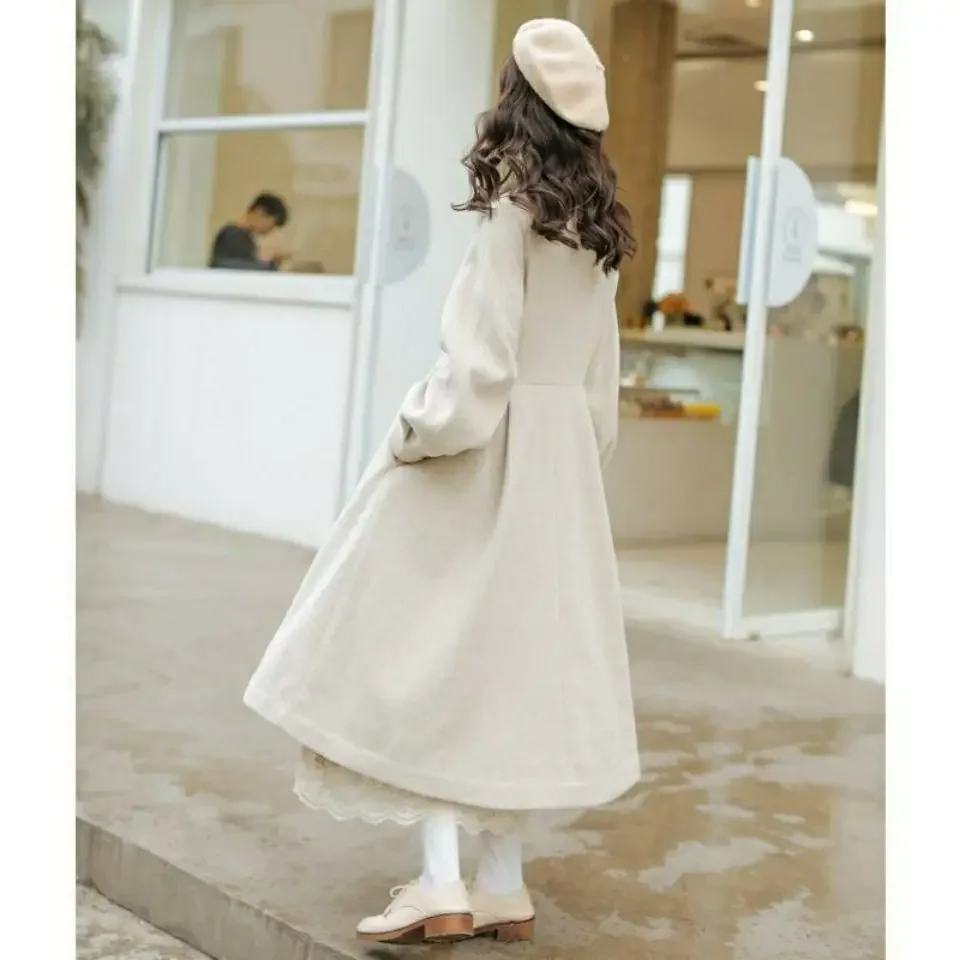 French Vintage Woolen Coats Women Autumn Winter New Elegant Pleated Long Coat Female Sweet Lantern Sleeve Jackets