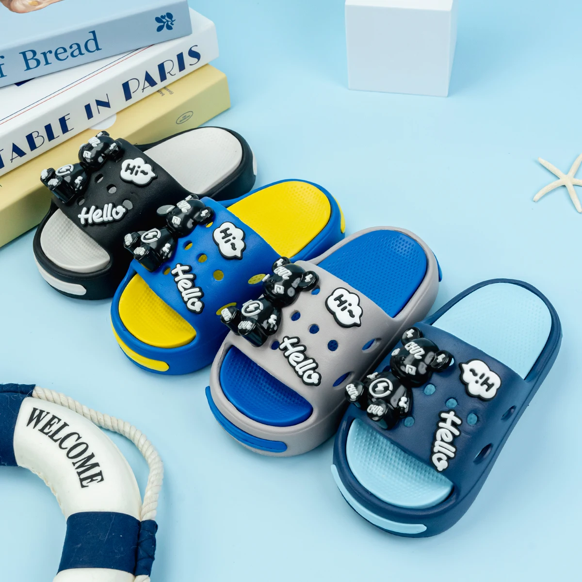 New Popular Cartoon White Letter Lightning Bear Versatile Eva Slippers for Boys and Girls, Fashionable Dual-Color Soft-Soled Non-Slip Sandals 831