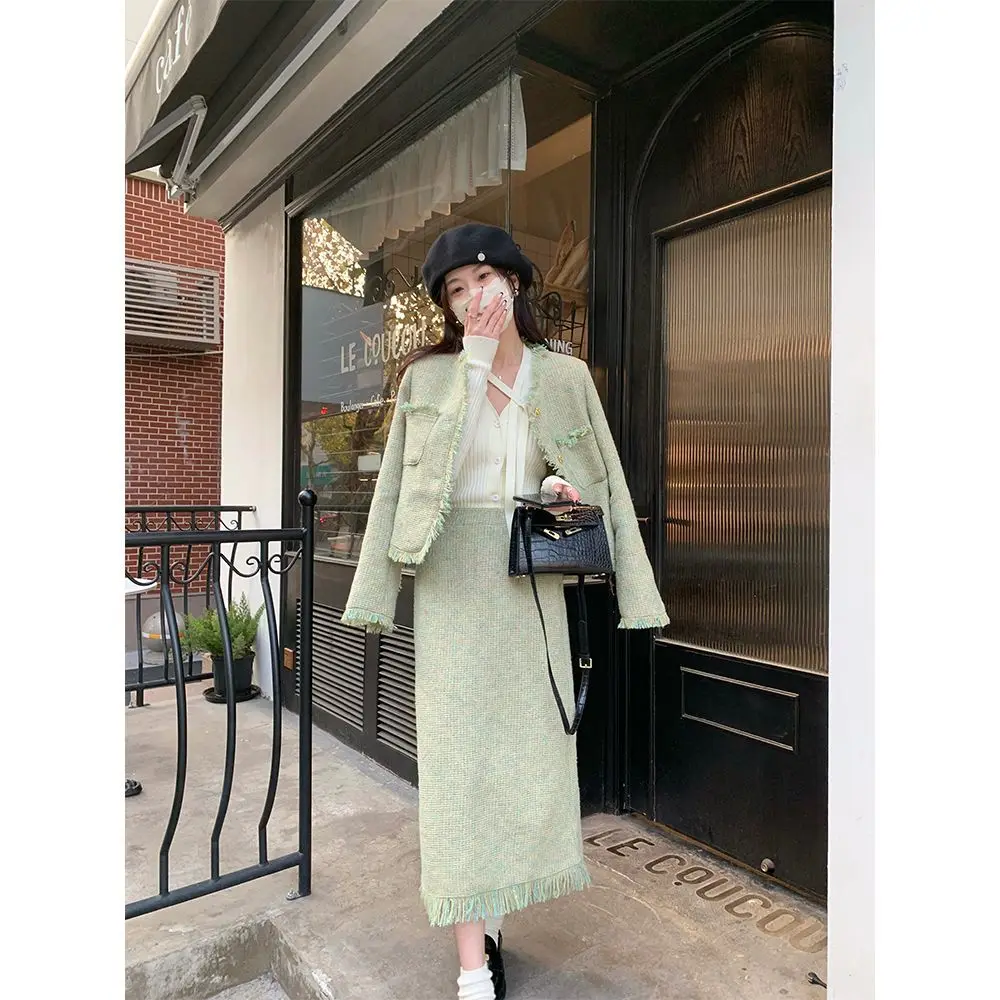 

Женский костюм из двух предметов, свободная куртка с круглым вырезом и прямая юбка с высокой талией, R265, весна-осень 2023