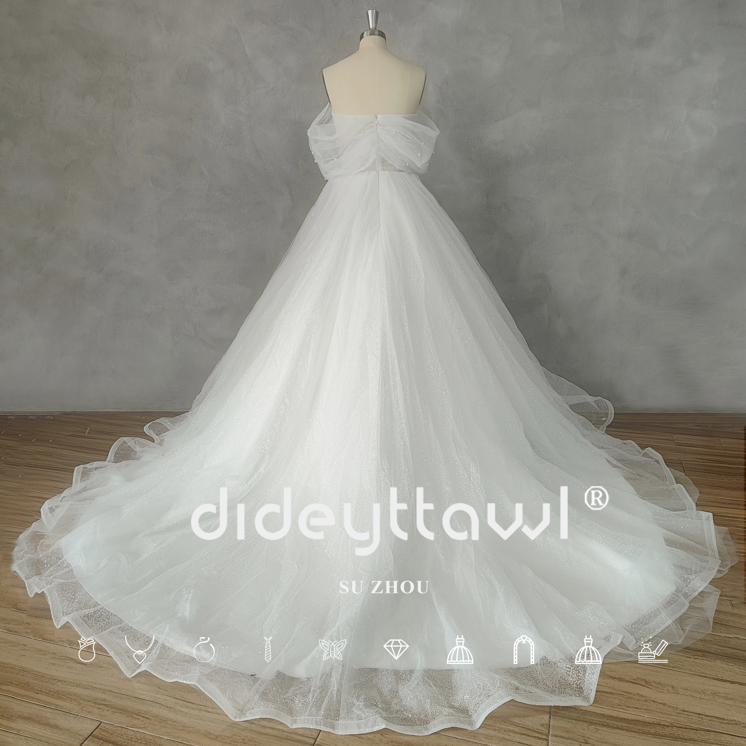 DIDEYTTAWL Real Picture V-Neck Shiny Tulle Beaded A-Line Wedding Dress For Women Elegant Zipper Back Court Train Bridal Gown