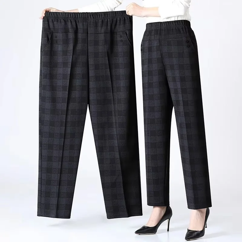 6XL 7XL 8XL Middle-aged Elderly Women's Trousers Spring Autumn Elastic High Waist Straight Pants Mother Winter Warm Fleece Pants