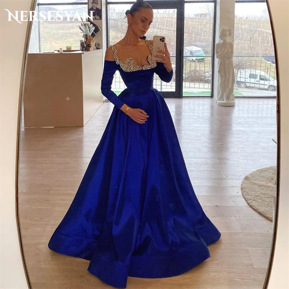 

Nersesyan Navy Blue Glitter Formal Evening Dresses A-Line Floor Length Long Sleeves Prom Dress Beading Wedding Party Gowns 2024