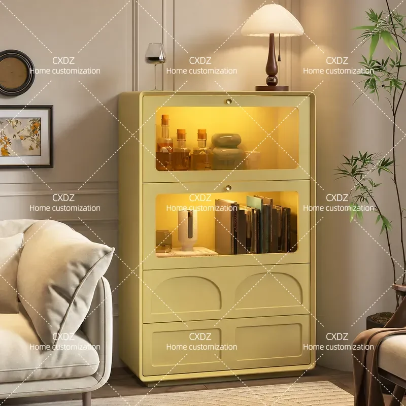 Modern Solid Wood Edge Cabinet with Glass Flap Door Simple Cream Style Living Room Storage Locker for Home Organization