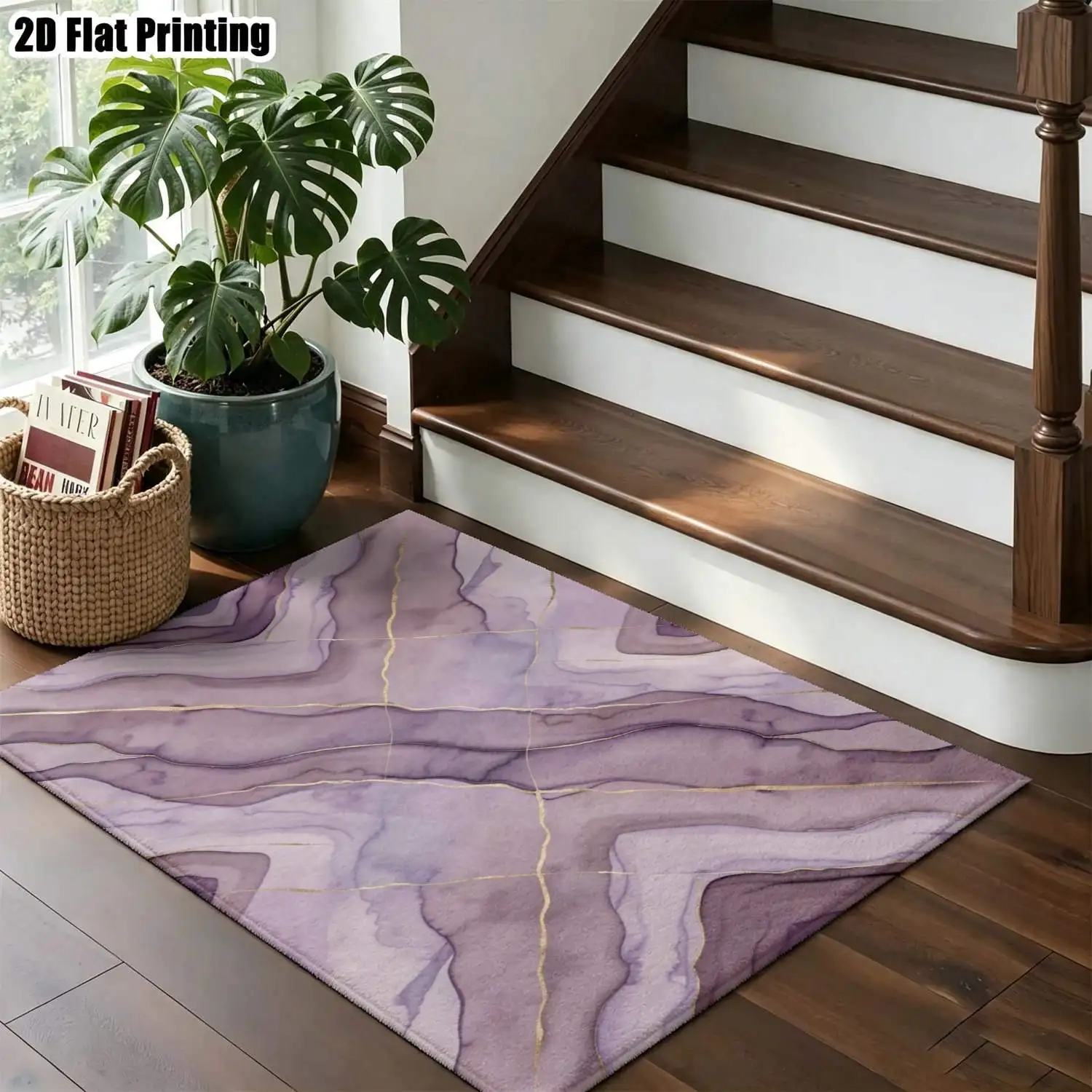 1Pc 2D Printed Purple-Grey Abstract Art Nordic/Instagram Style Carpets, Modern Minimalist Geometric Striped Floor Mats, Machine Washable, Multi-Size, Suitable for Home Decor, Entrance, Dining Room, Foyer, Bedroom, Living Room
