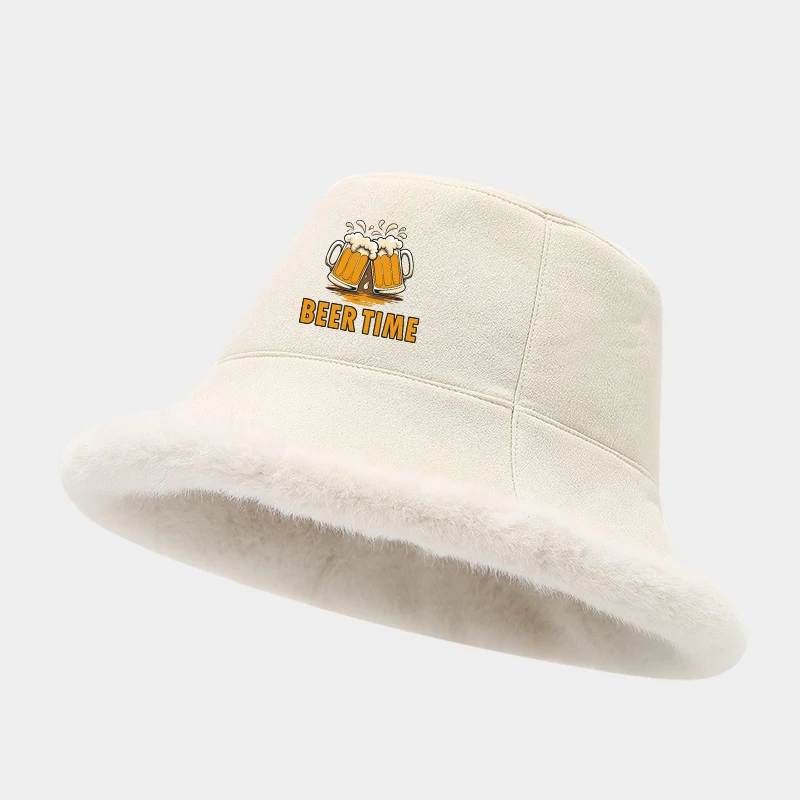 Women Men Winter Fleece Beer Time Bucket Hat Adult Thick Plush Reversible Outdoor Warm Fisherman Hat Custom Print Casual Hat