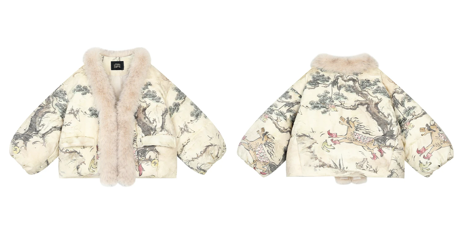 ELFSACK Women Puffer Down Jacket 2026 Winter Pony Print Fur Collar Lantern Sleeve New Oriental Style Casual Outerwear