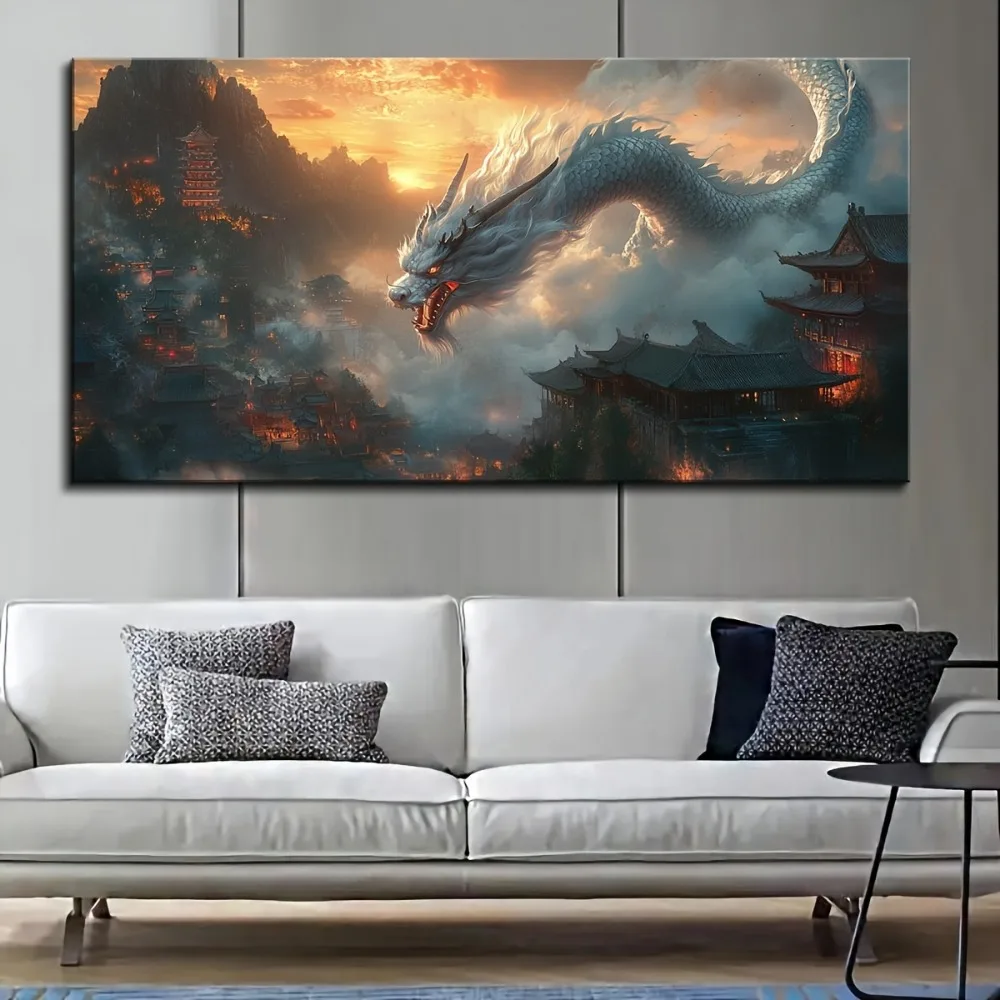طباعة فنية من قماش التنين الشرقي على الطراز العتيق، إطار من خشب الصنوبر الصلب بسمك 1.5 بوصة، مناسب للديكور الداخلي