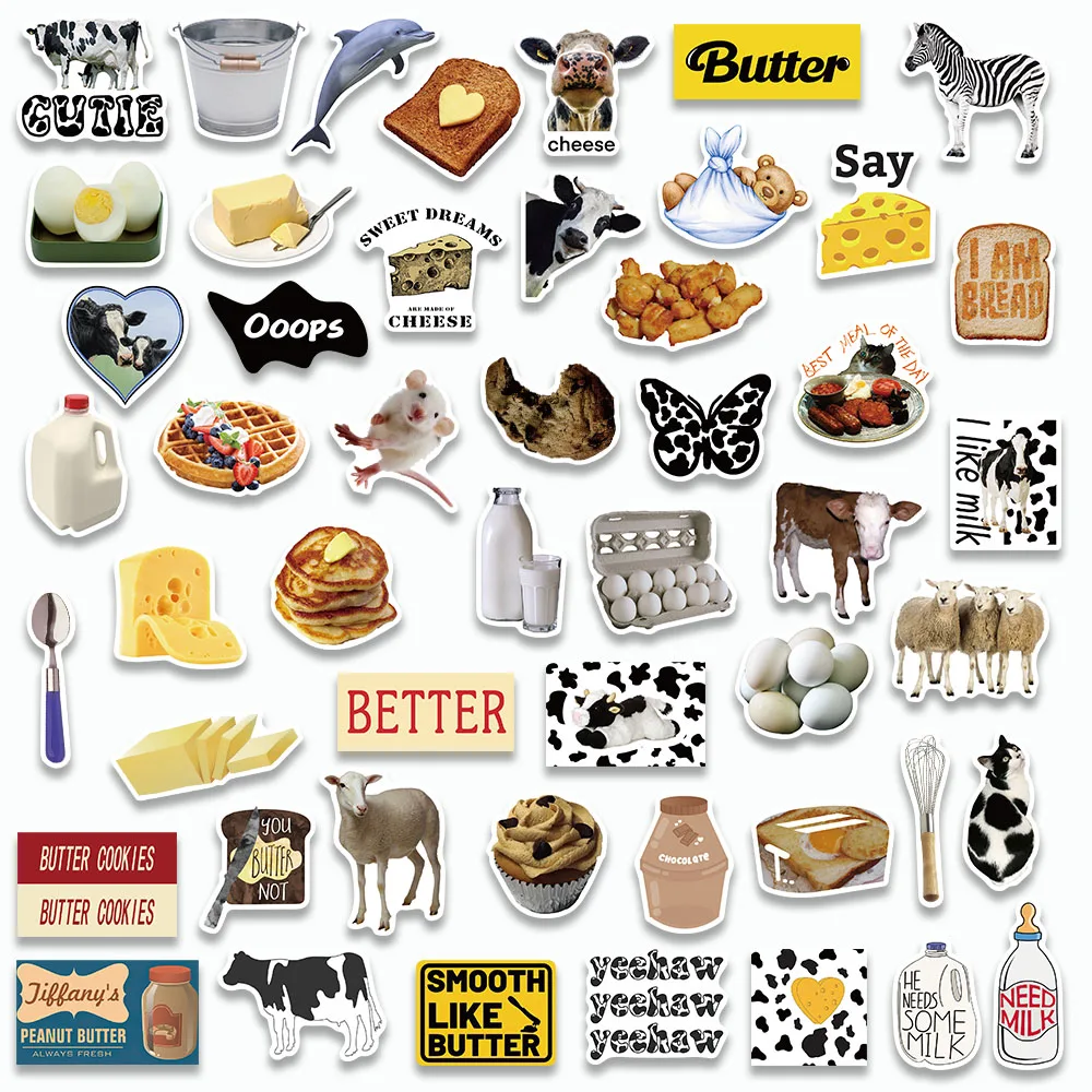 50PCS Cute Cream Butter Sticker INS Retro Style Decals Dessert For Scrapbook Stationery Guitar Laptop Book Kids Graffiti Sticker