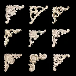 Unpainted Wood Carved Decal Corner Onlay Floral Appliques for Furniture Home Decoration Accessories Figurines for Decor Flowers