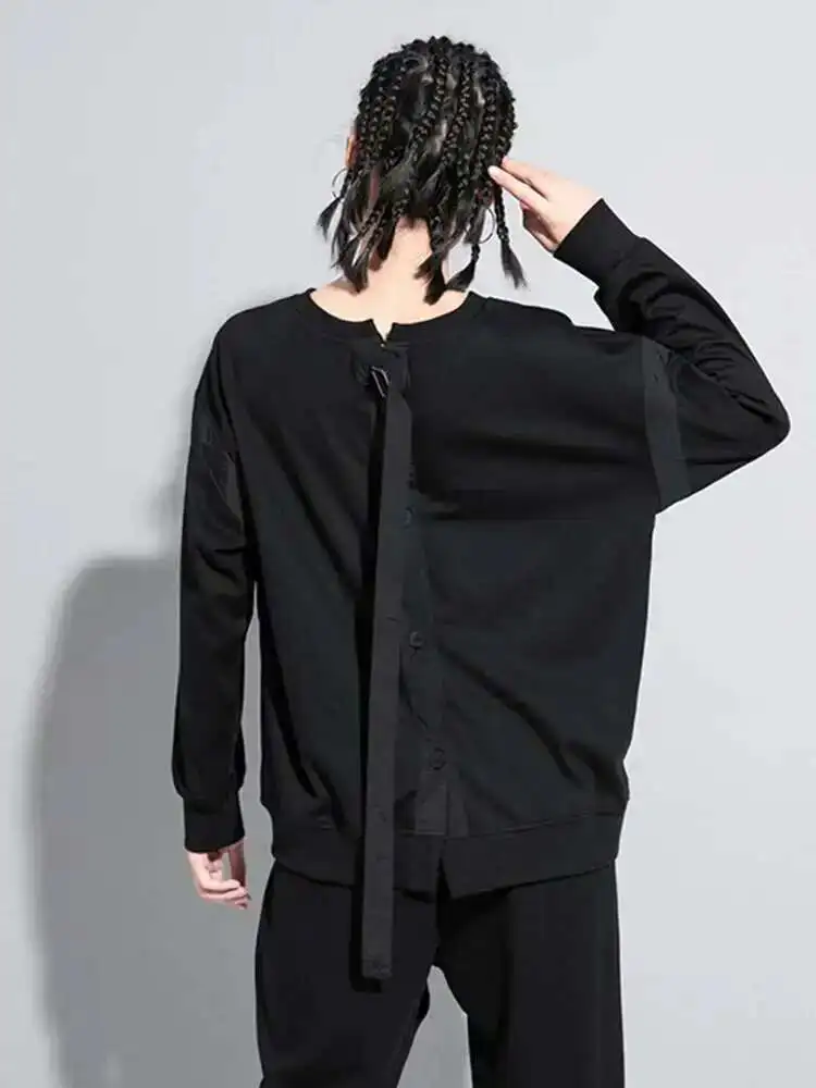 Women Black Back Ribbon Split Joint Big Size T-shirt New Round Neck Long Sleeve Fashion Tide Spring Autumn