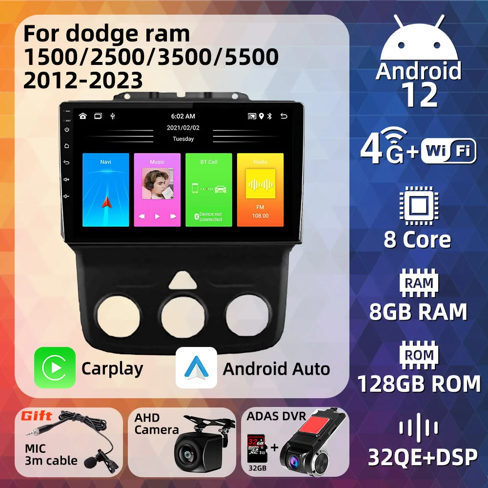 

Автомагнитола 2 Din, Android, мультимедиа для Dodge Ram 1500 2500 3500 5500 2013-2023, GPS-навигация, Carplay, автомагнитола