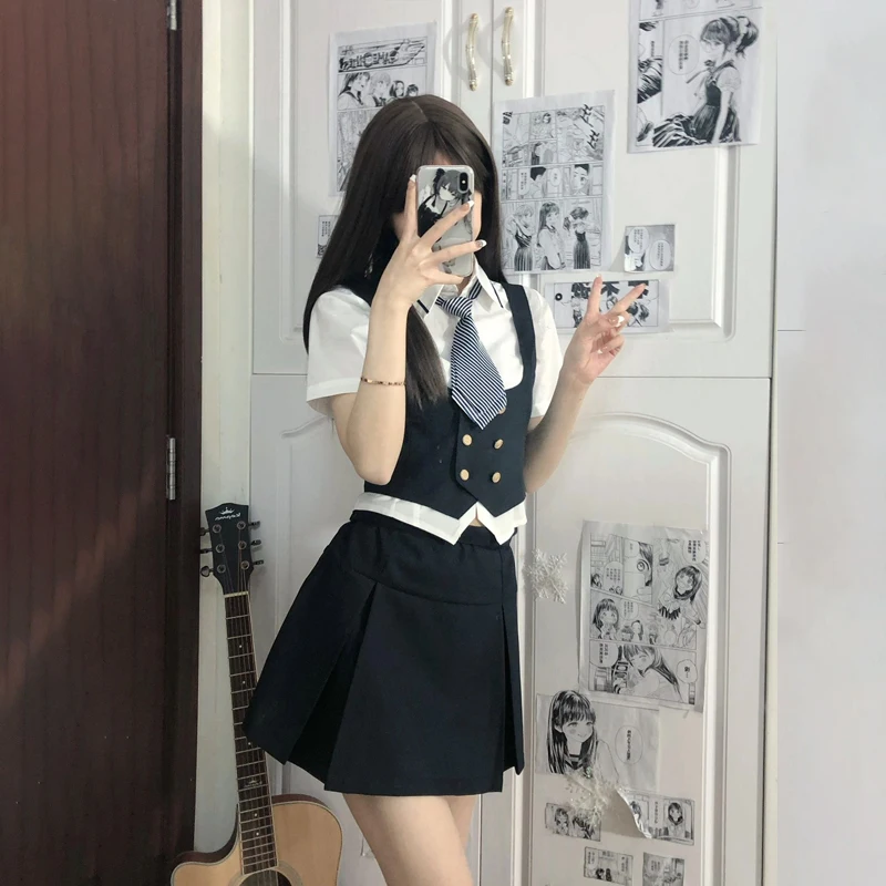 

American Style Uniform Hot Girl Set Short Sleeve Top Vest Meat Covering Slimming Butt Skirt Women Summer Two Piece Skirt Coll...