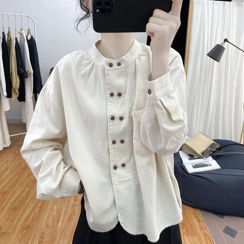 2024 Elegant Fashion Kawaii Shirt Solid Button Pure Cotton Stand Pure Cotton Long Sleeve Tops Women Loose Casual Female Clothes