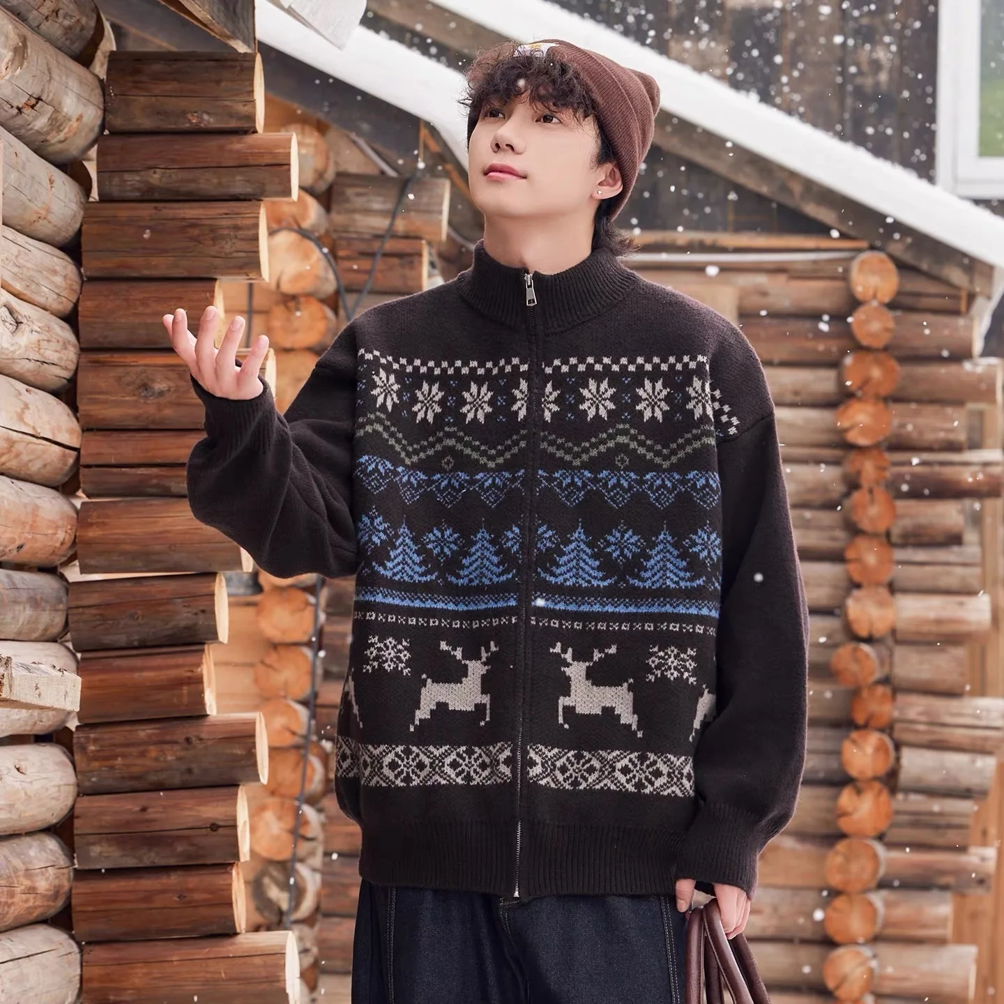 

2026 New Jacquard Textured Fair Isle Cardigan Sweater Warm Men Autumn Winter Vintage Ethnic Style Soft Knit Cardigan Jacket Coat