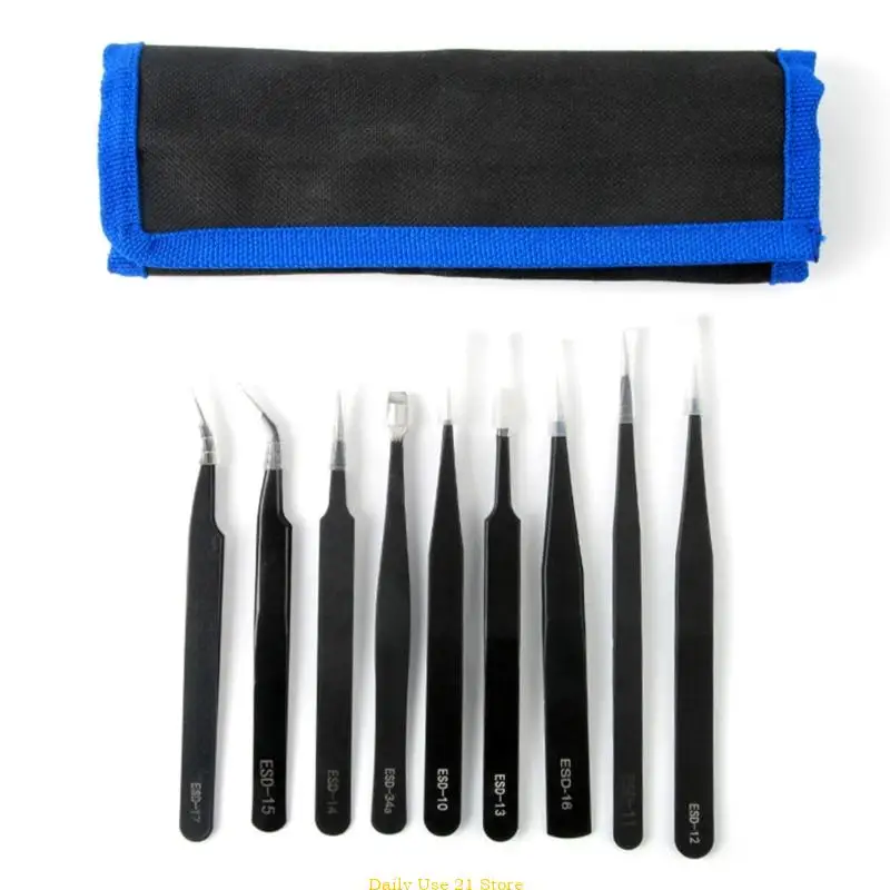 

(1 Set of 9Pieces) Anti-static Tweezers ESD Tweezers Stainless Steel Tweezers for Electronics Repair Soldering