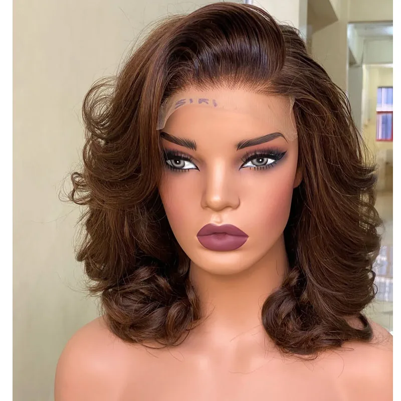 

Короткий боб, свободные волны, каштаново-коричневые человеческие волосы 13x6, парики спереди для чернокожих женщин, естественная линия волос, отбеленные узлы, бесклеевые парики