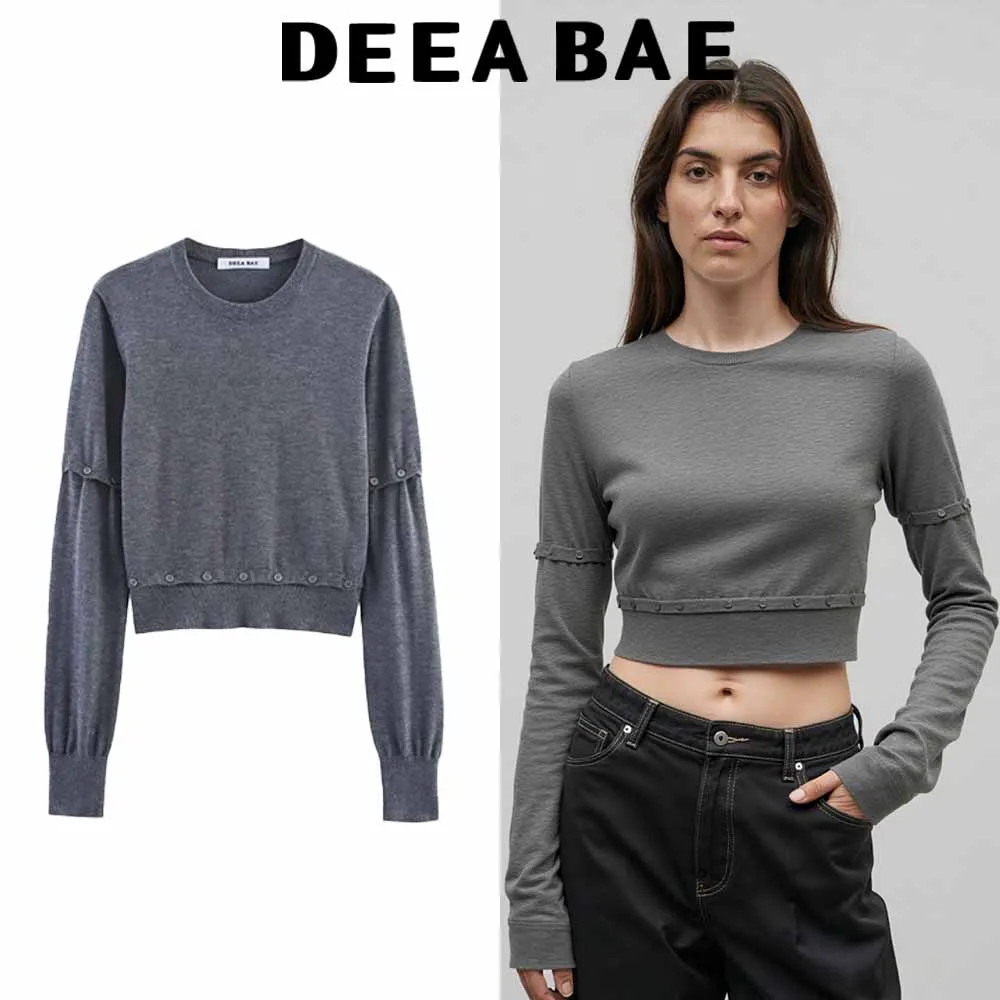 

DEEABAE 2025 autumn new sweet and fashionable button decoration detachable round neck long sleeved short knitted sweater