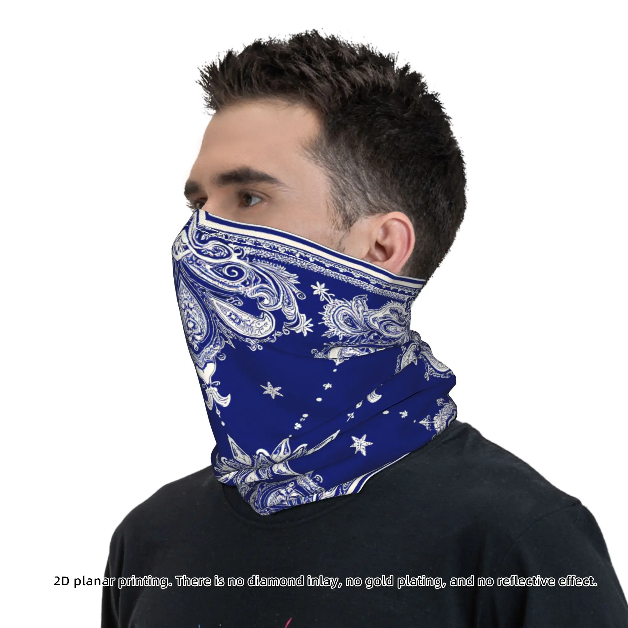 Customization Blue White Paisley Bandana With Black Background And Central Star Motif Bandana Neck Cover Face Scarf Cycling Face